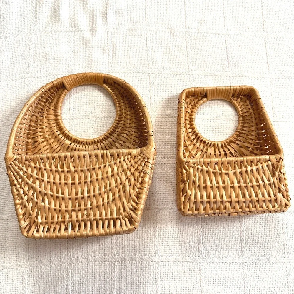 VTG Wicker Rattan Wall Pocket Basket Set Cottagecore Boho Decor